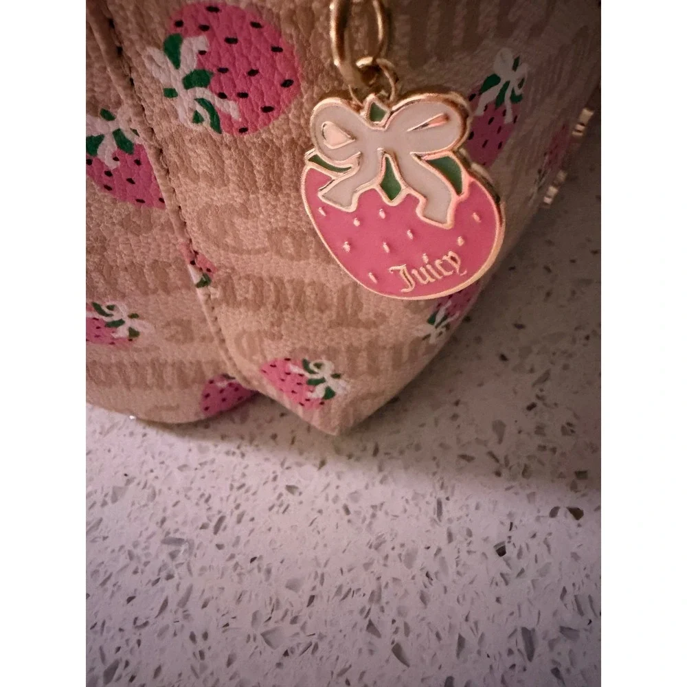 Juicy Couture Strawberry Monogram Backpack Tan Pink Gold Tone Y2K Style Bag